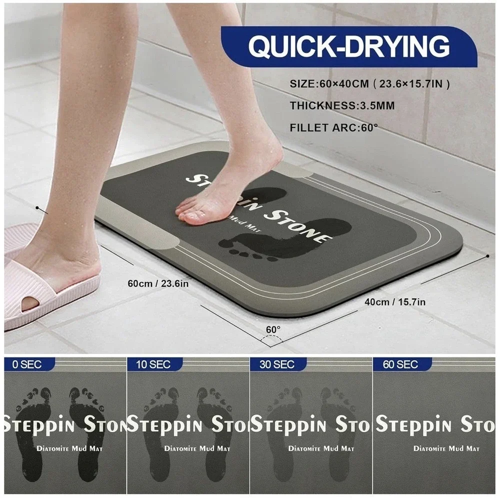 Steppin Stone Diatomite Mud Mat Unisex 23.6x15.7 Grey New Quick Dry Bath Rug